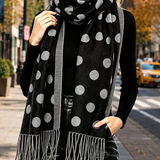 Black Polka Dot Pattern Fringe Scarf