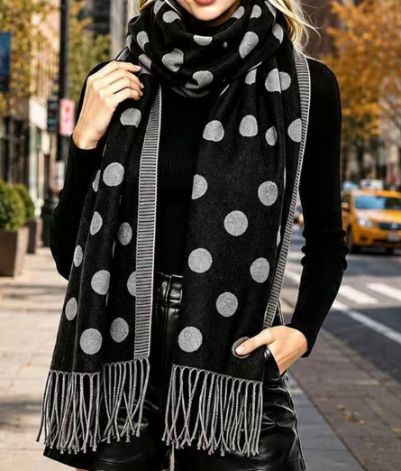 Black Polka Dot Pattern Fringe Scarf