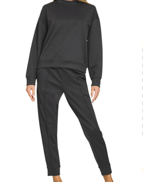 Cuba Mock Neck Pullover & Pintuck Joggers Set in Classic Black