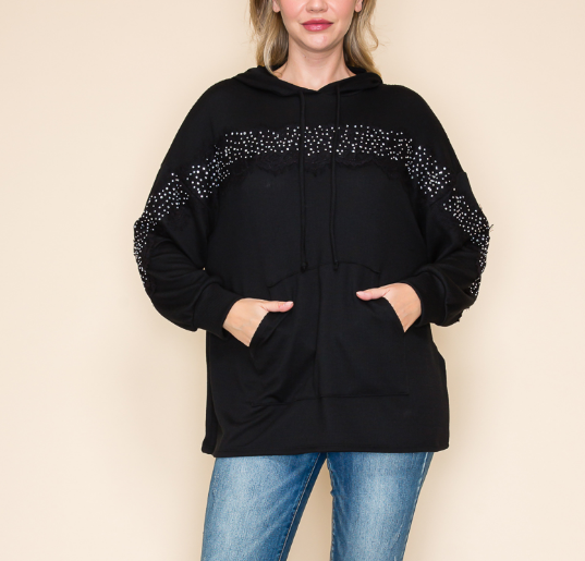 Black Rhinestone & Lace Accent Hoodie
