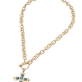 Blue Stone Ornate Cross Charm Pendant Toggle Necklace