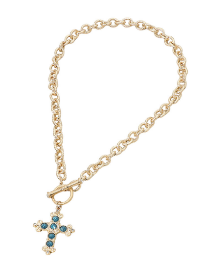 Blue Stone Ornate Cross Charm Pendant Toggle Necklace