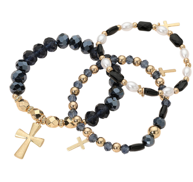 Black & Gold 3-Piece Cross Charm Pearl Faceted Beaded Stretch Multi Layered Bracelets
