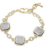 14K Gold Plated Two Tone CZ Pave Square Charm Link Bracelet
