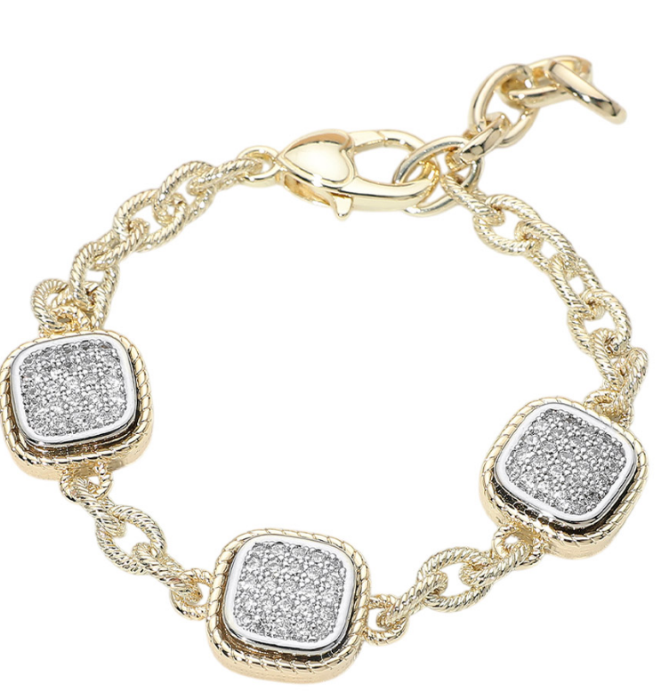 14K Gold Plated Two Tone CZ Pave Square Charm Link Bracelet