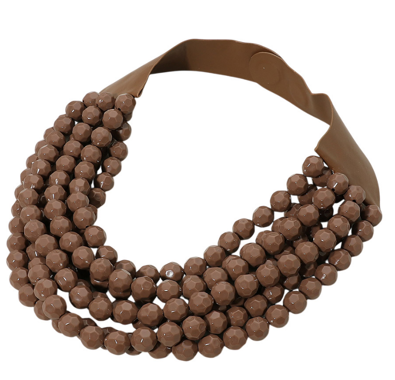 Brown Chunky Acrylic Ball Beaded Multi Layered Faux Leather Magnetic Necklace