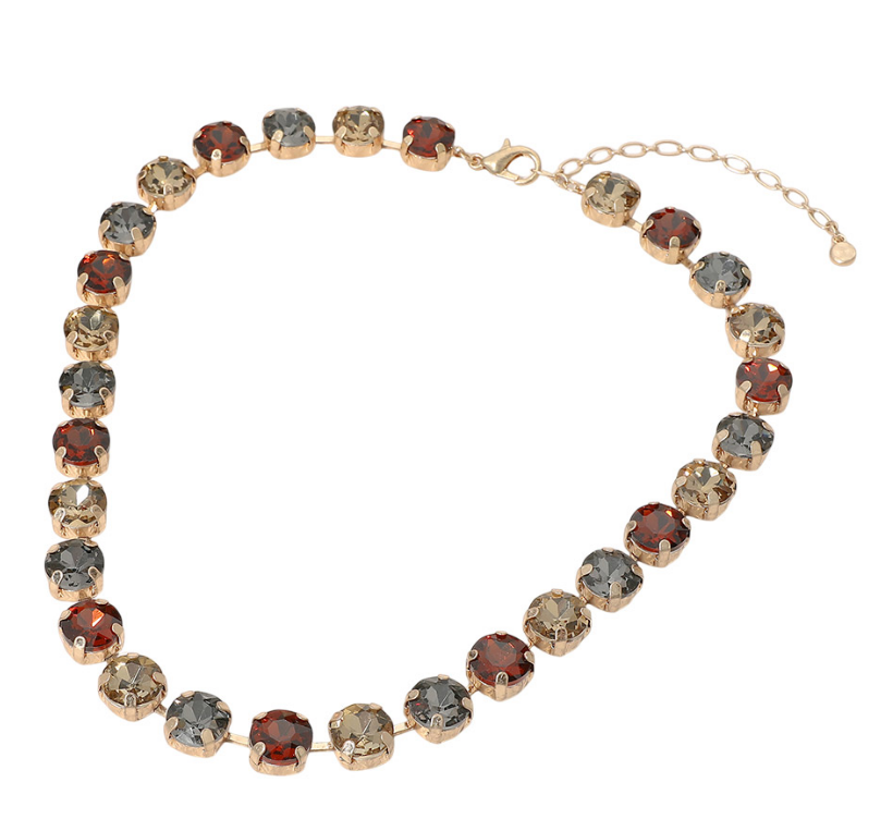 Multi Color Stones with Black Diamond Round Cut Stone Cluster Link Evening Necklace