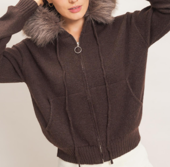 Detachable Faux Fur Trim Zip-up Hoodie