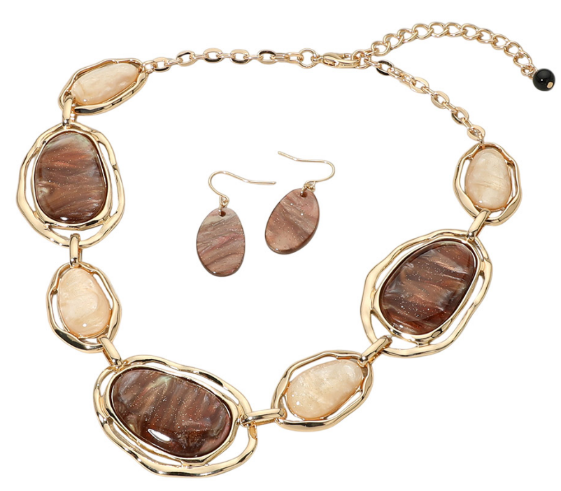 Brown Resin Glitter Oval Plate Link Statement Necklace