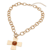 Brown Faceted Stone Accent Cross Pendant Chunky Chain Necklace