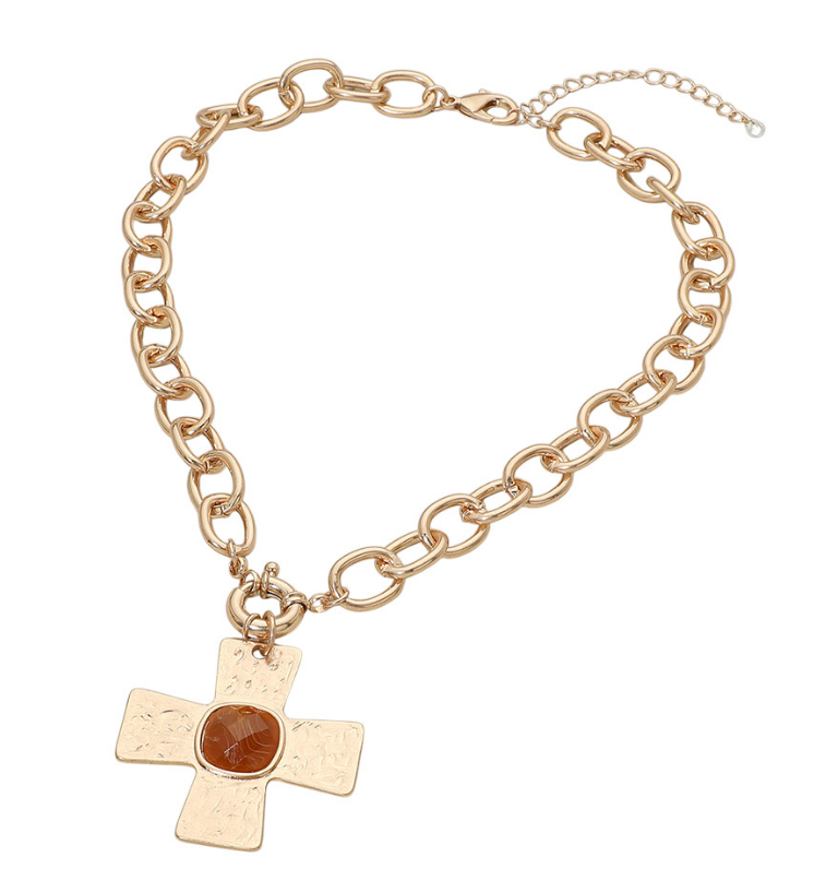Brown Faceted Stone Accent Cross Pendant Chunky Chain Necklace