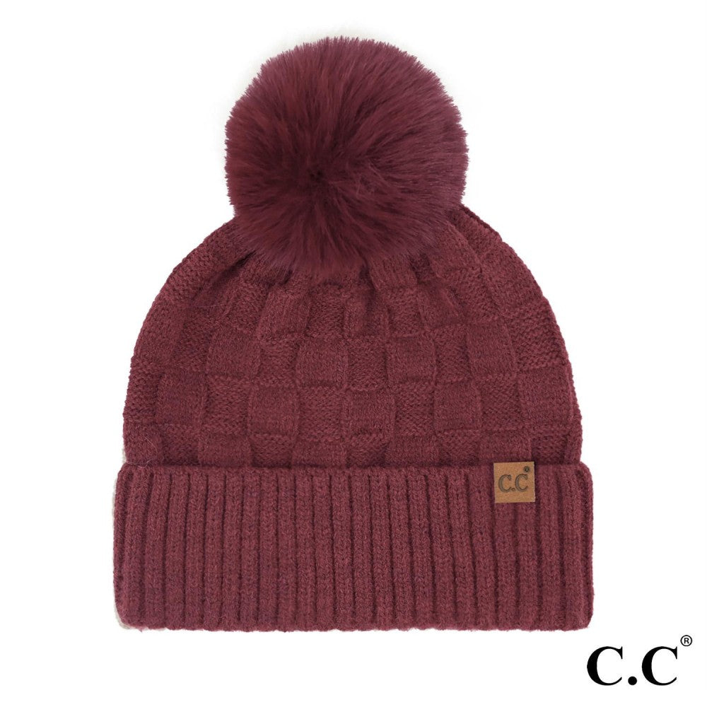 Weave Textured Pompom Beanie