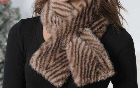 Brown Zebra Pattern Faux Fur Pull-Through Winter Scarf