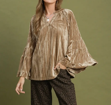 The Stevie Velvet Bell-Sleeve Cafe Latte Blouse