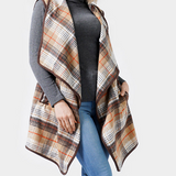 Camel Plaid Check Vest With Pocket