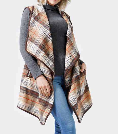 Camel Plaid Check Vest With Pocket