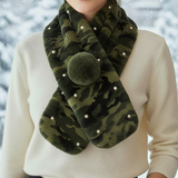 Pearl Embellished Camo Patterned Faux Fur Pom Pom Pull Through Scarf