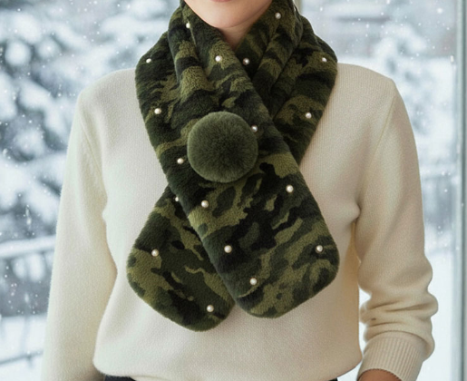 Pearl Embellished Camo Patterned Faux Fur Pom Pom Pull Through Scarf