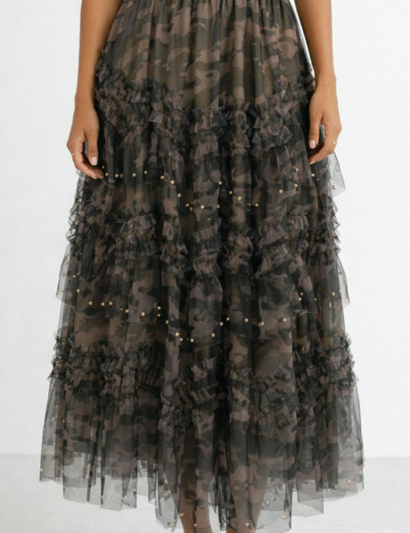 Camo Print Pearl Tiered Ruffle Tulle Maxi Skirt