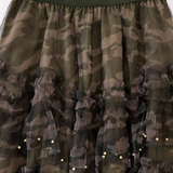 Camo Print Pearl Tiered Ruffle Tulle Maxi Skirt
