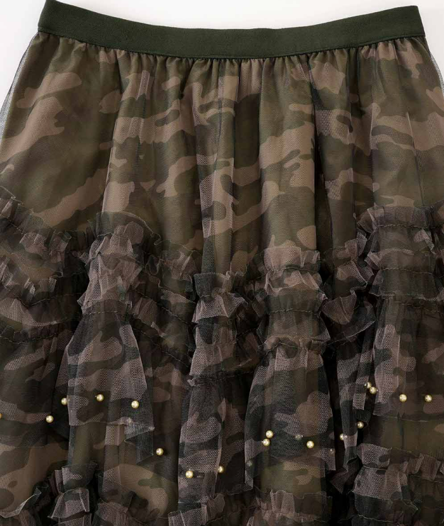Camo Print Pearl Tiered Ruffle Tulle Maxi Skirt