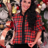 Cassidy Velvet Tie Sleeve Top- Red Plaid