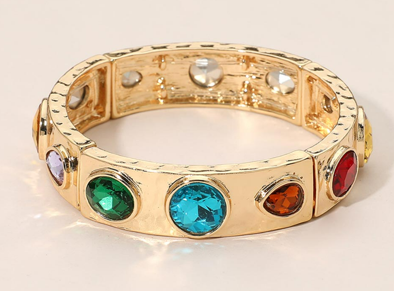 Classic Multi-Colored Gems Mixed Faceted Stone Accent Bar Stretch Bracelet
