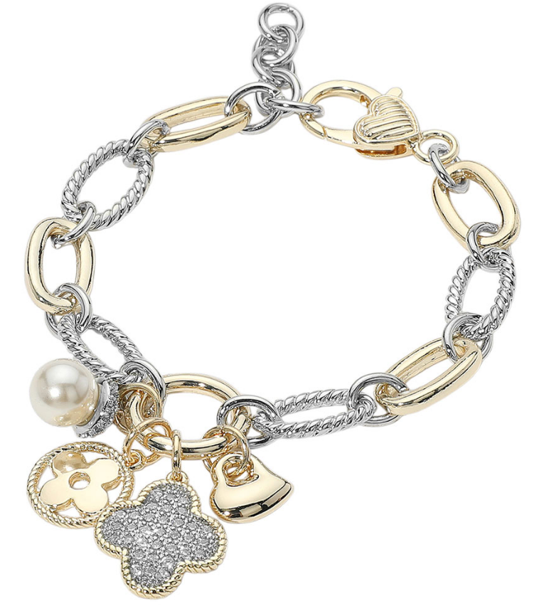 14K Gold Plated Two Tone CZ Stone Paved Quatrefoil Heart Pearl Charm Accent Bracelet