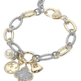 14K Gold Plated Two Tone CZ Stone Paved Quatrefoil Heart Pearl Charm Accent Bracelet