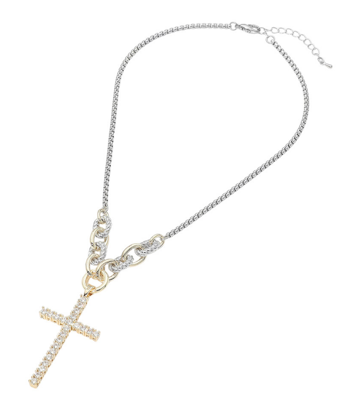 14K Gold Plated Two Tone CZ Cross Pendant Necklace
