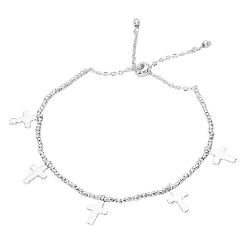 Metal Cross Charm Beaded Adjustable Cinch Pull Tie Bracelets