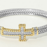 14K Gold Plated Two Tone CZ Pave Cross Accent Hinged Bangle Bracelet