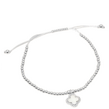 Silver CZ Rim Mother of Pearl Quatrefoil Charm Beaded Adjustable Cinch Pull Tie Bracelet