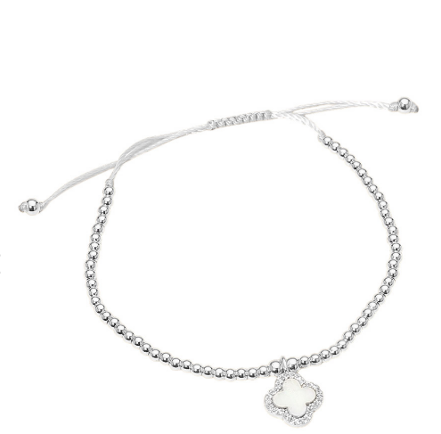 Gold CZ Rim Mother of Pearl Quatrefoil Charm Beaded Adjustable Cinch Pull Tie Bracelet (Copy)