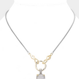 14K Gold Plated Two Tone CZ Stone Paved Square Pendant Necklace