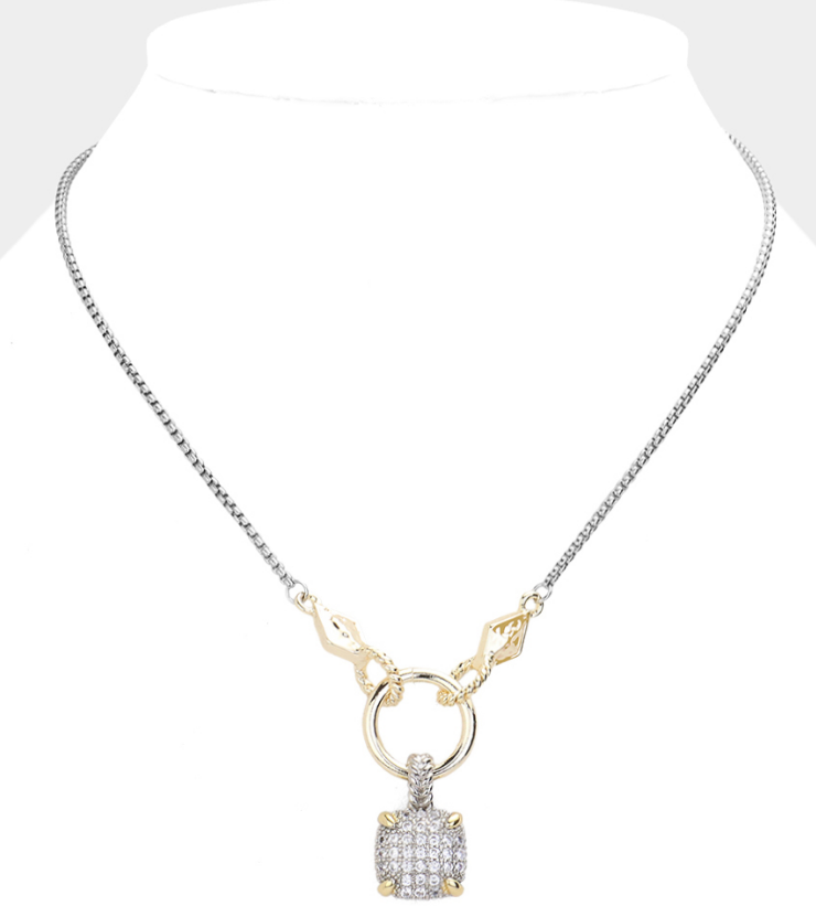 14K Gold Plated Two Tone CZ Stone Paved Square Pendant Necklace