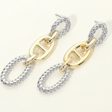 14K Gold Plated Two Tone Rope Oval Ring Mariner Link Drop Earrings