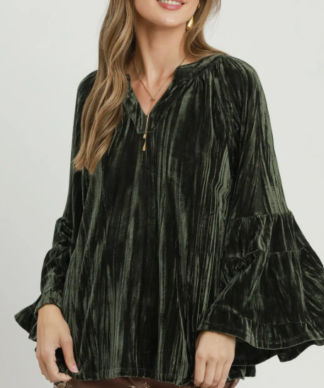 The Stevie Velvet Bell-Sleeve Deep Green Blouse