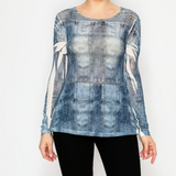 Denim Sparkly Long Sleeve Sheer Mesh Top