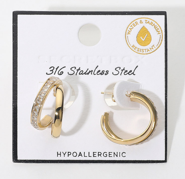 Gold Stainless Steel Rhinestone Pave Double Layered Hoop Earrings