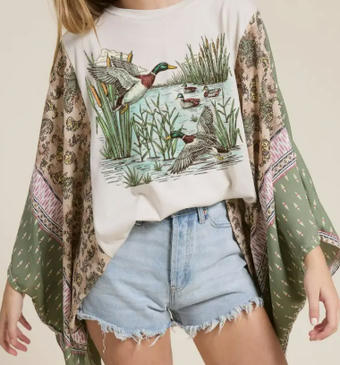 Mallard Ducks Vintage Graphic Sheer Kaftan Top