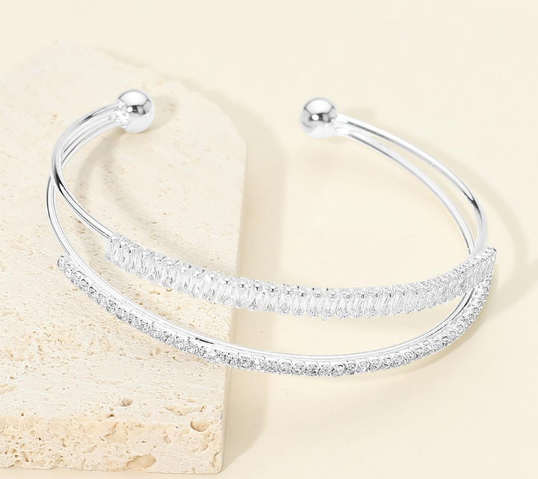 Emerald Round Cut CZ Row Open Evening Cuff Bracelet