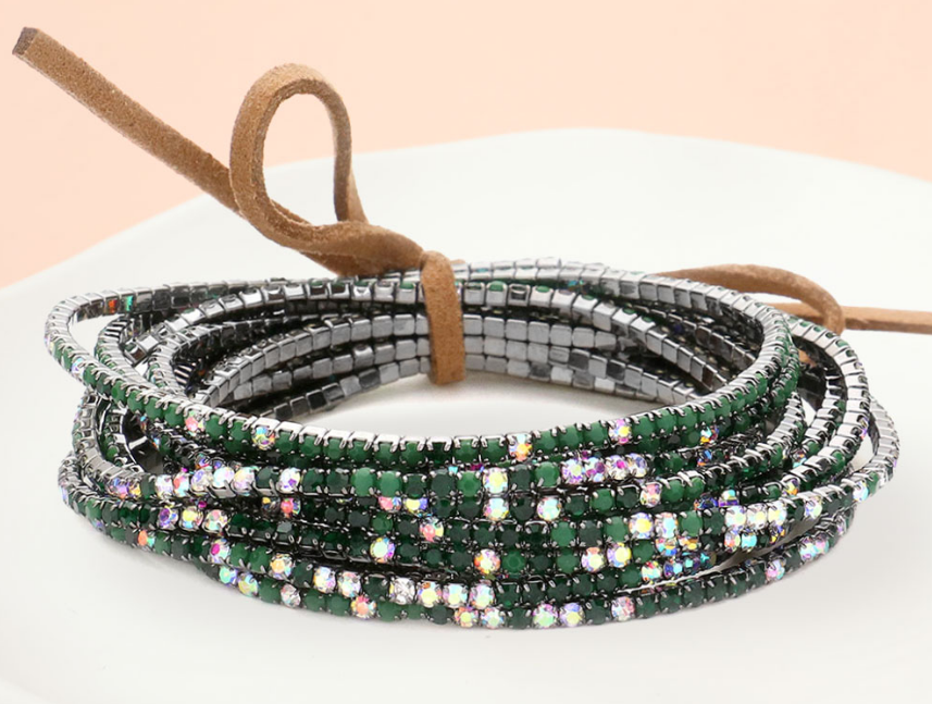 Emerald Color Ribbon Colorful Rhinestone Layered  Stretch Bracelets
