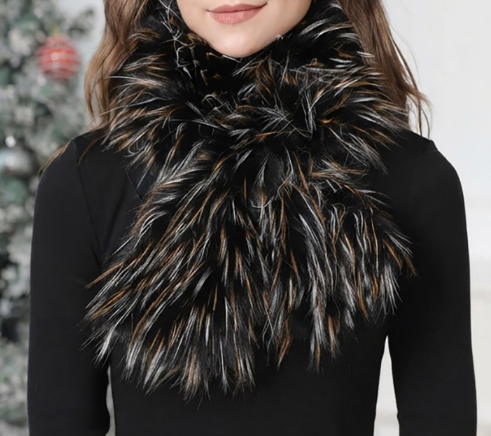 Fluffy Frosted  Black & Yellow Faux Fur Pull-Through Winter Scarf