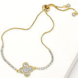 Gold Sparkling Quatrefoil CZ Stone Accent Pull Tie Adjustable Bracelet