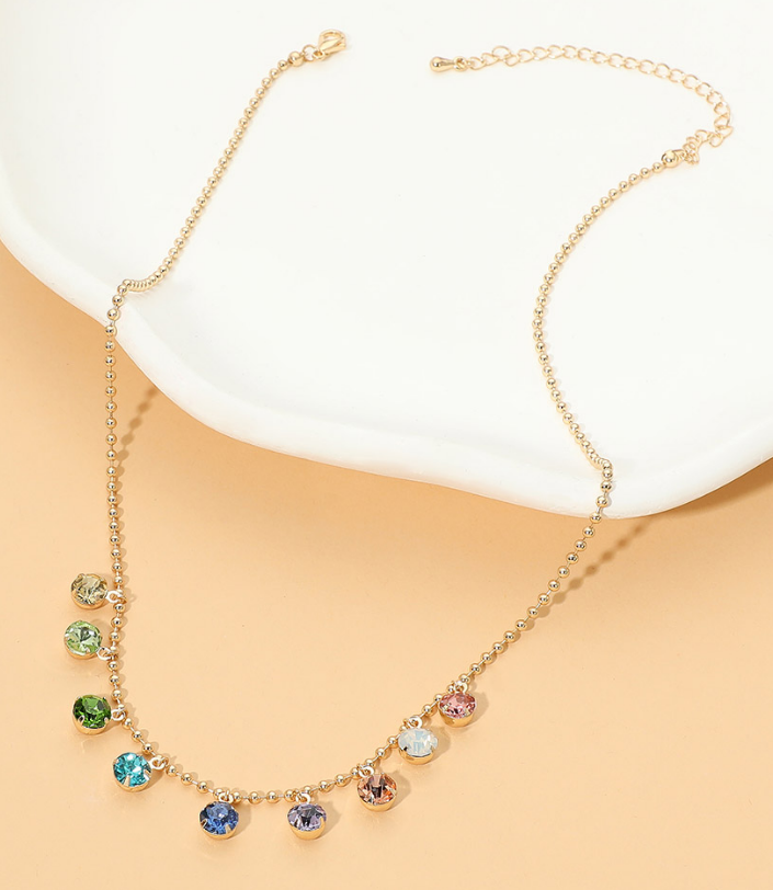 Light Multi Color Round Stone Drop Fringe Necklace