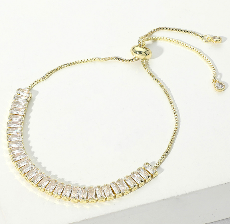 Gold Emerald Cut CZ Stone Tennis Chain Pull Tie Adjustable Bracelet