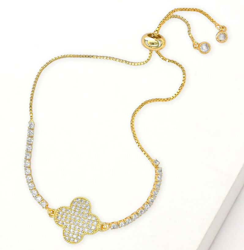 Flat Gold Clover Accent Pull Tie Adjustable Bracelet