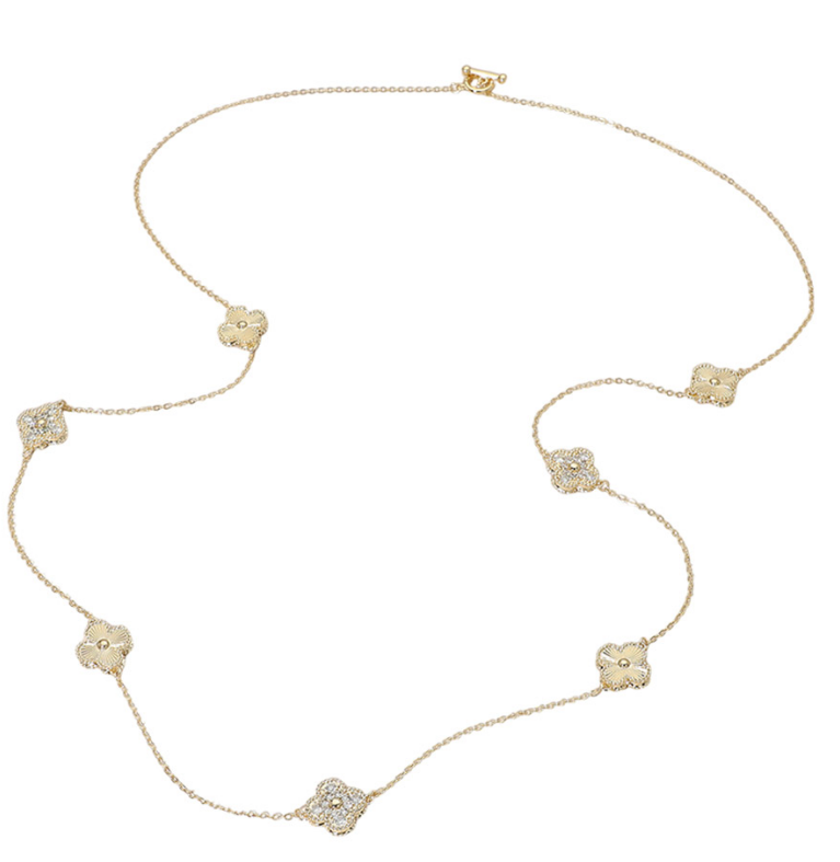 CZ Pave Quatrefoil Station Long Necklace Gold or Silver