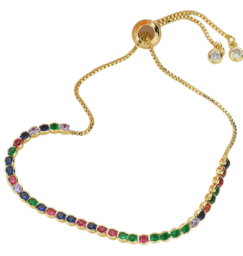 Gold Multi-Color Round CZ Stone Bezel Adjustable Pull Tie Bracelet